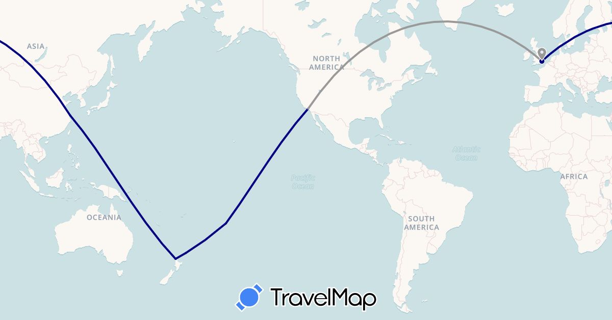 TravelMap itinerary: driving, plane in Cook Islands, China, United Kingdom, New Zealand, United States (Asia, Europe, North America, Oceania)